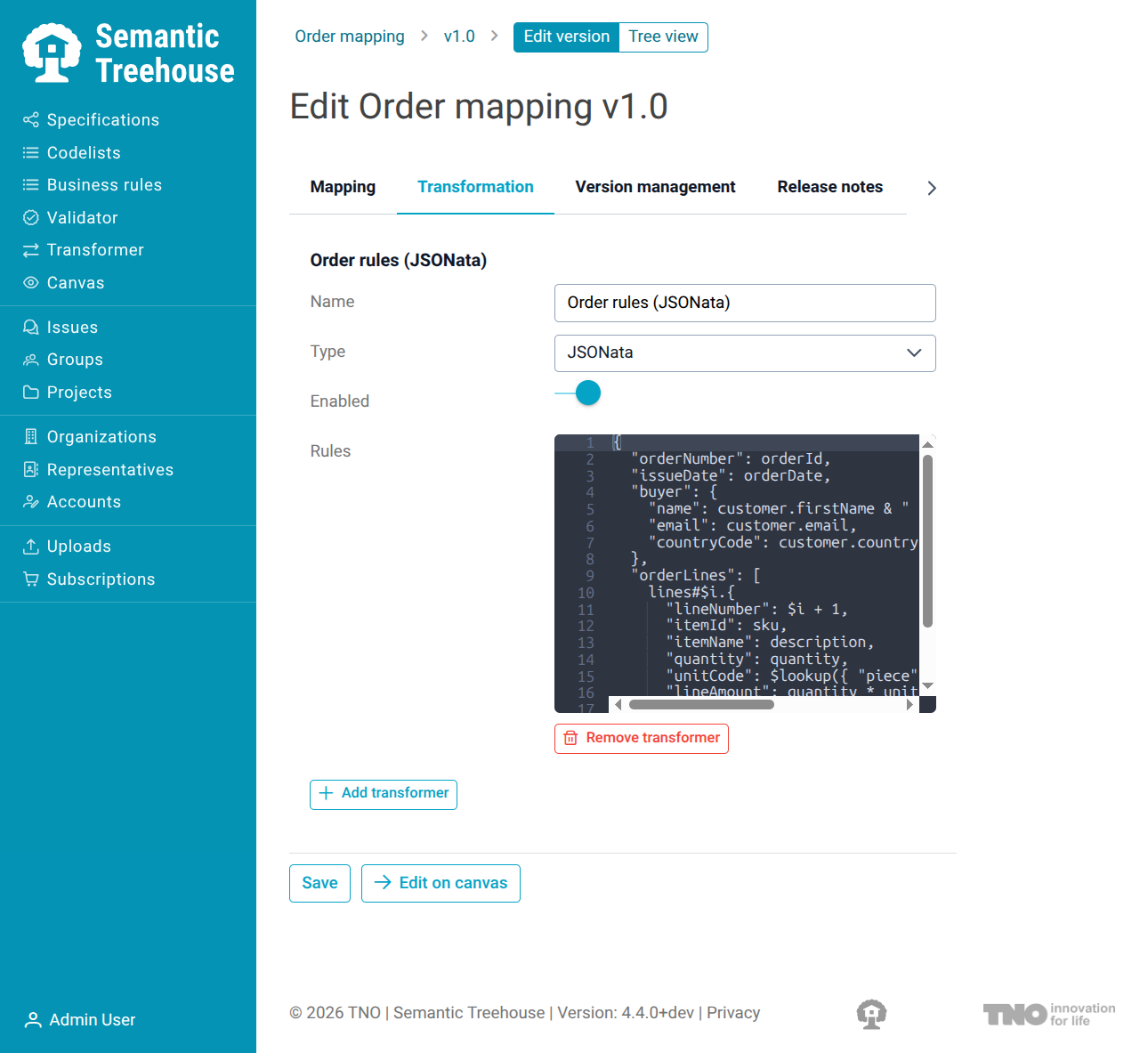 The Transformation tab of a mapping version, with one JSONata transformer